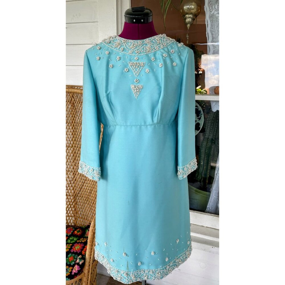 Vintage 1960s Blue Heavy Beaded Silk/wool Blend Midi Dress